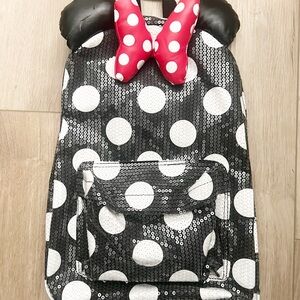 Disney Black and White Polka Dot Sequin Backpack with Red Polka Dot Minnie Bow